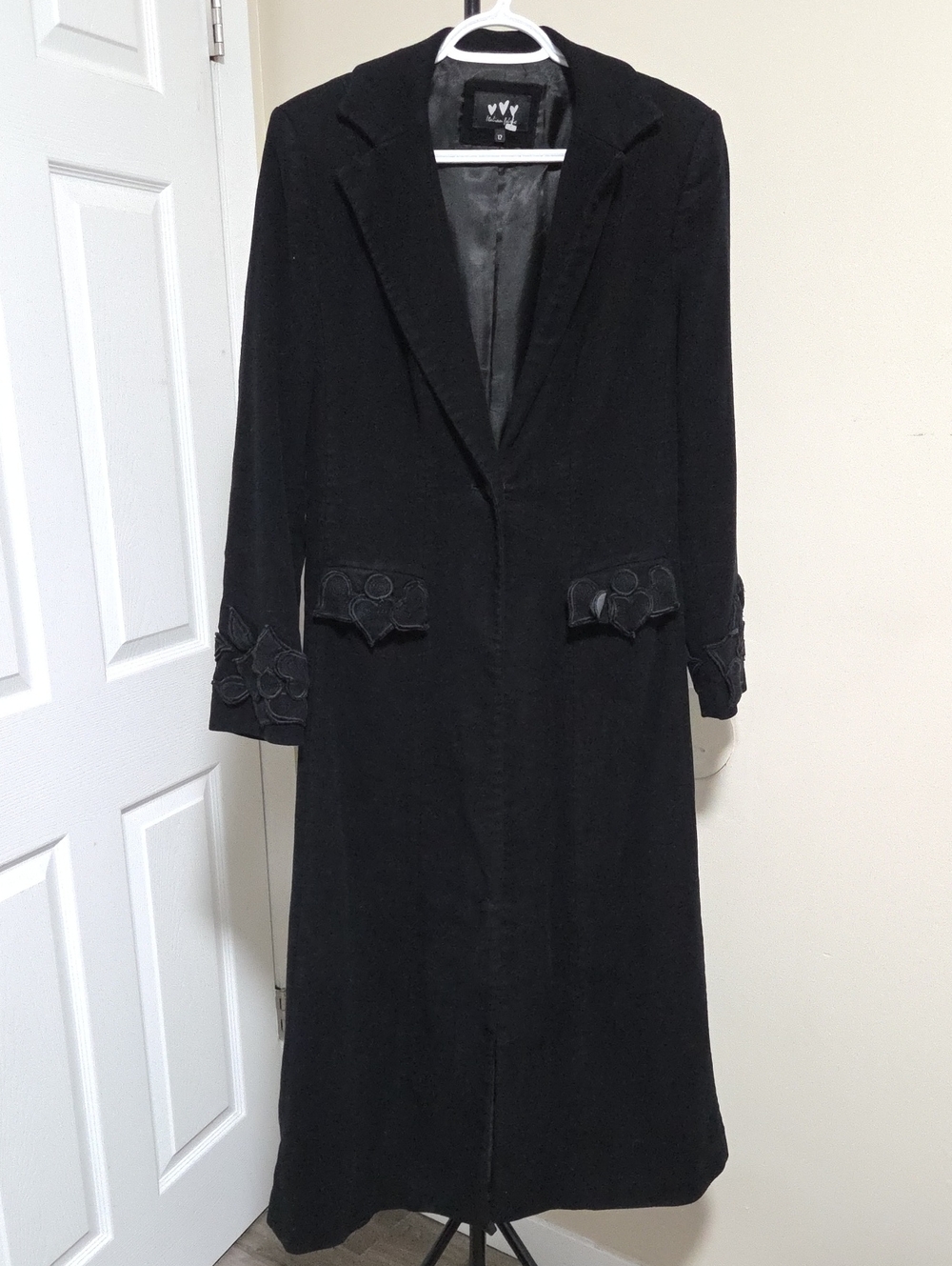Italian Fabric Black Long Trench Coat with Embroidered Pocket and Cuff Detail